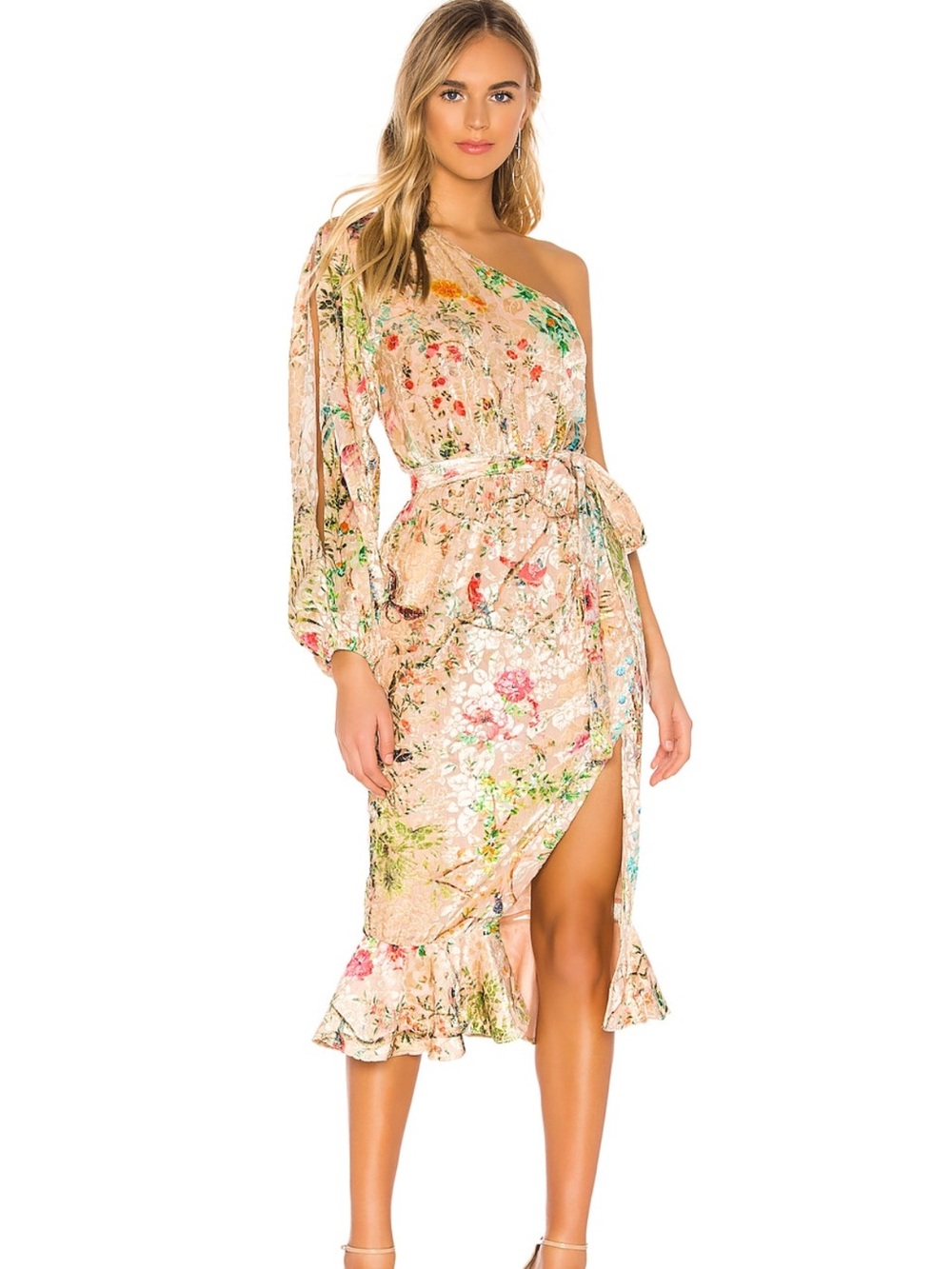 HEMANT & NANDITA One-Shoulder Floral Midi Dress in Blush and Green